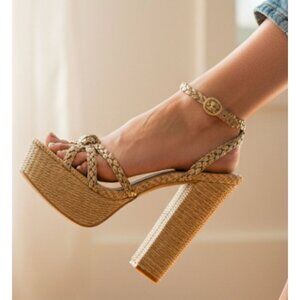 Gold Braided Raffia Platform Heels With Ankle Strap Block Heel